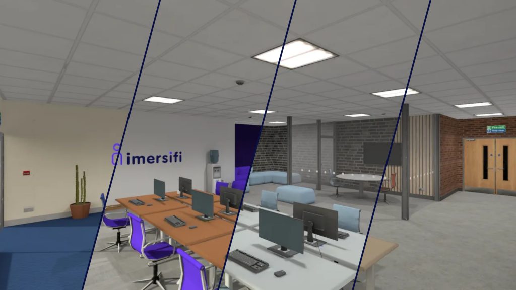 Split-screen view of four different virtual reality environments in the Imersifi Platform.