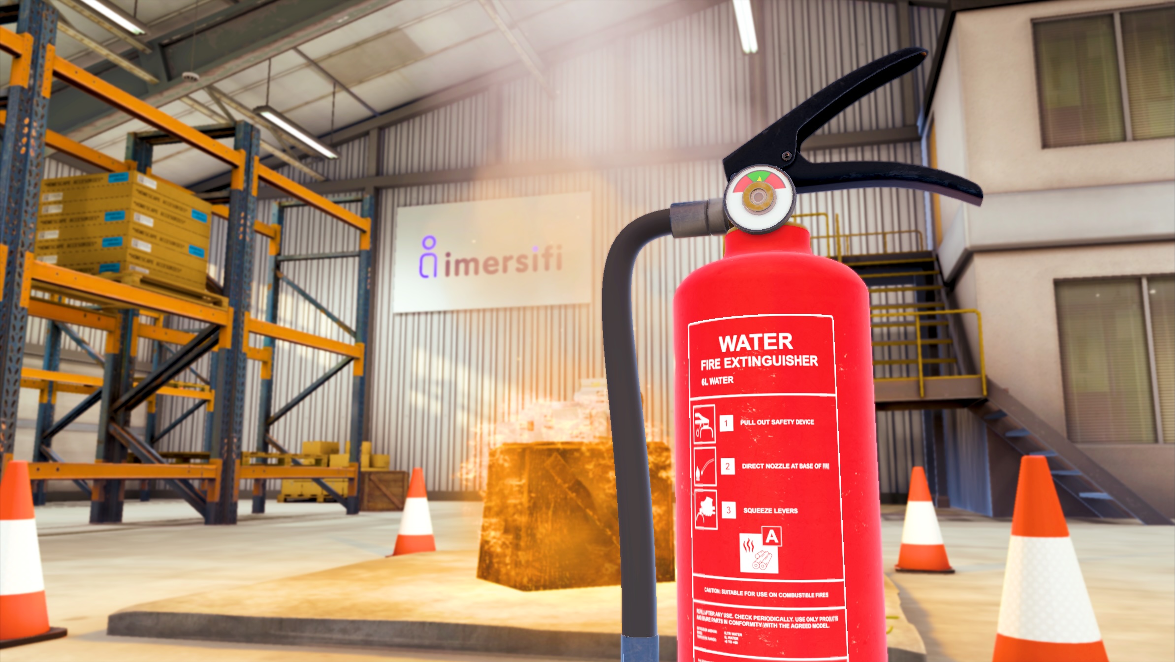 Trainee practicing fire extinguisher control on a combustible fire inside a warehouse environment