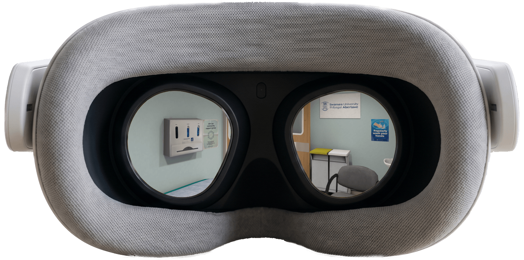 VR headset shown with the client's branding visible through the lens, demonstrating how the supplied logo and colours appear inside the immersive experience