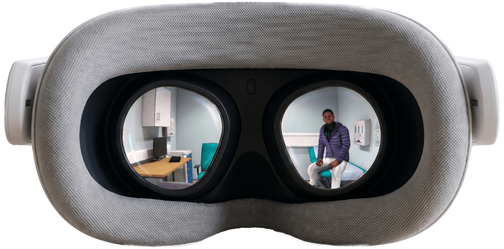 VR headset showing an immersive training scene through the lens