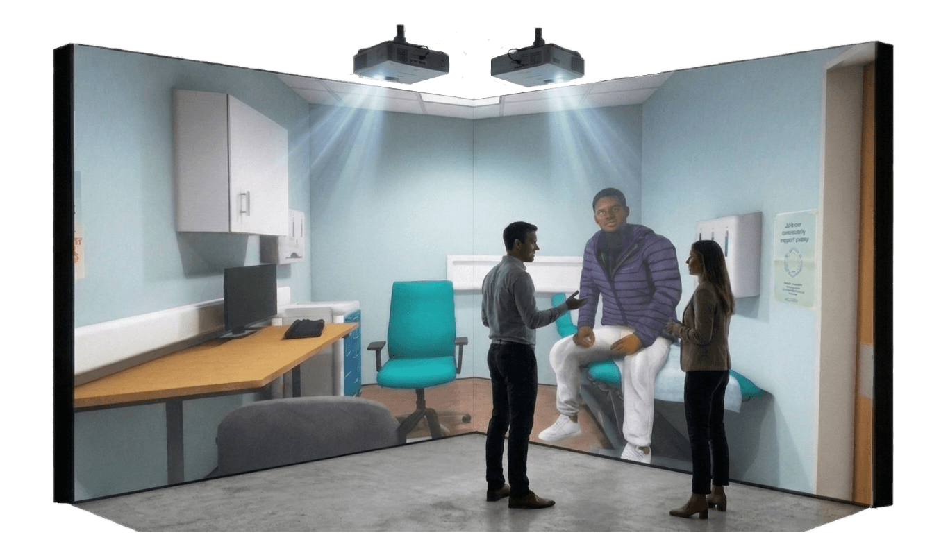 Imersifi training scenario projected across an immersive walls display