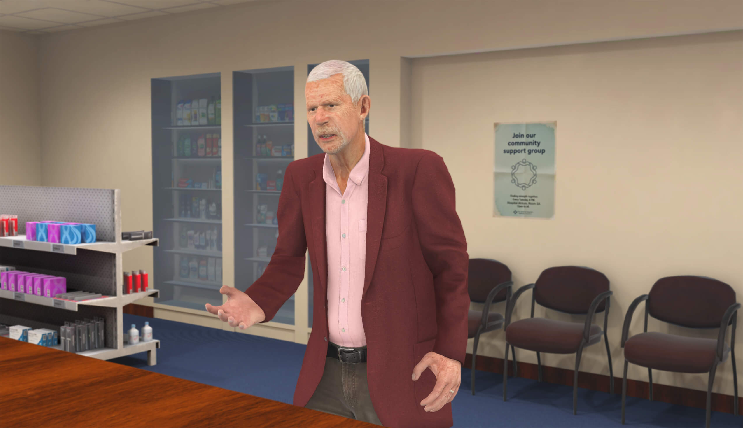 Young male adult seated on a triage bed during a clinical consultation scenario